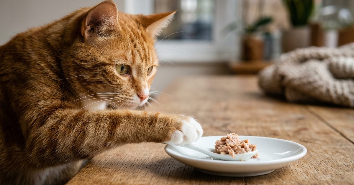 A ginger orange tabby cat with mackerel stripe markings, paw reaching toward a teaspoon of flaked plain cooked tuna on a small saucer, shallow depth of field macro close-up photograph