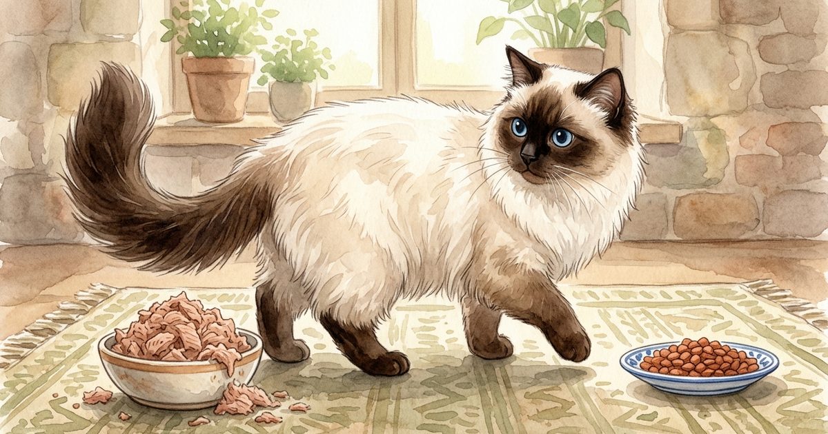A Ragdoll cat with silky cream fur, dark brown colorpoint face, ears and paws, and blue eyes, turning away from an overfilled bowl of tuna toward its regular food dish, soft watercolor illustration
