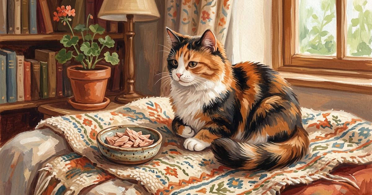 A calico cat with orange, black, and white patches sitting content beside a small ceramic dish of flaked plain cooked tuna on a soft textile, warm painterly gouache mood