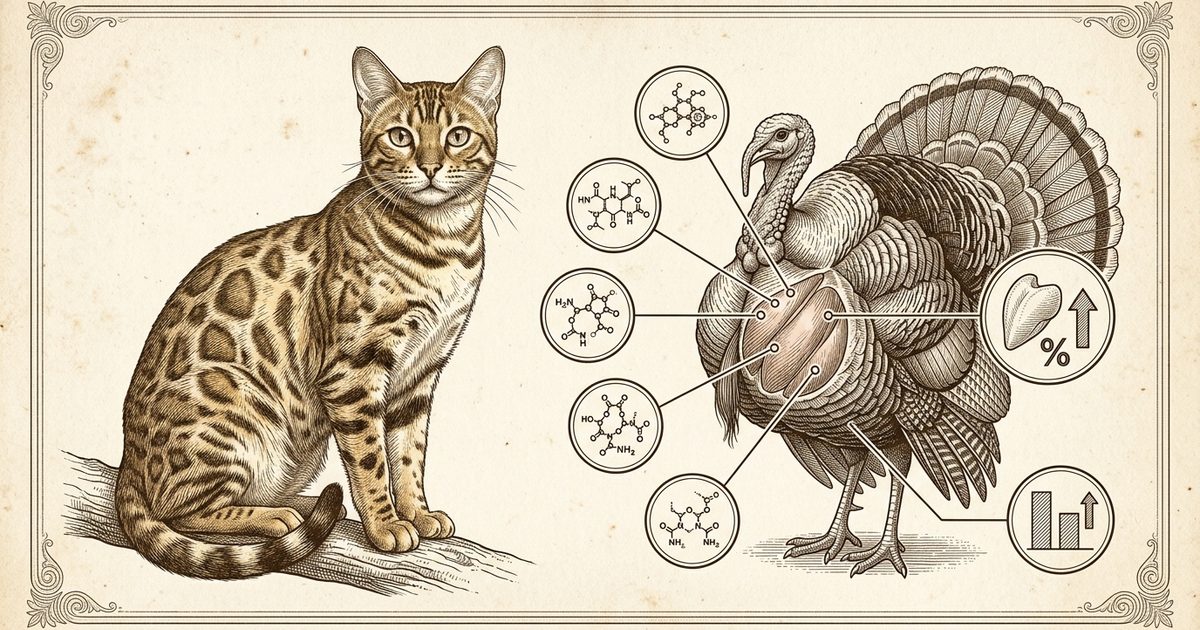 A Bengal cat with spotted golden-brown coat beside a vintage botanical engraving with callouts on a turkey silhouette showing lean protein, amino acids, and a leaner-than-chicken label