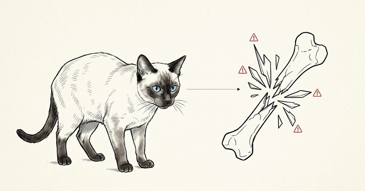 A Siamese cat with cream fur, dark seal-brown points, and blue almond eyes beside an ink line drawing of a cooked turkey bone splitting into sharp shards with warning icons