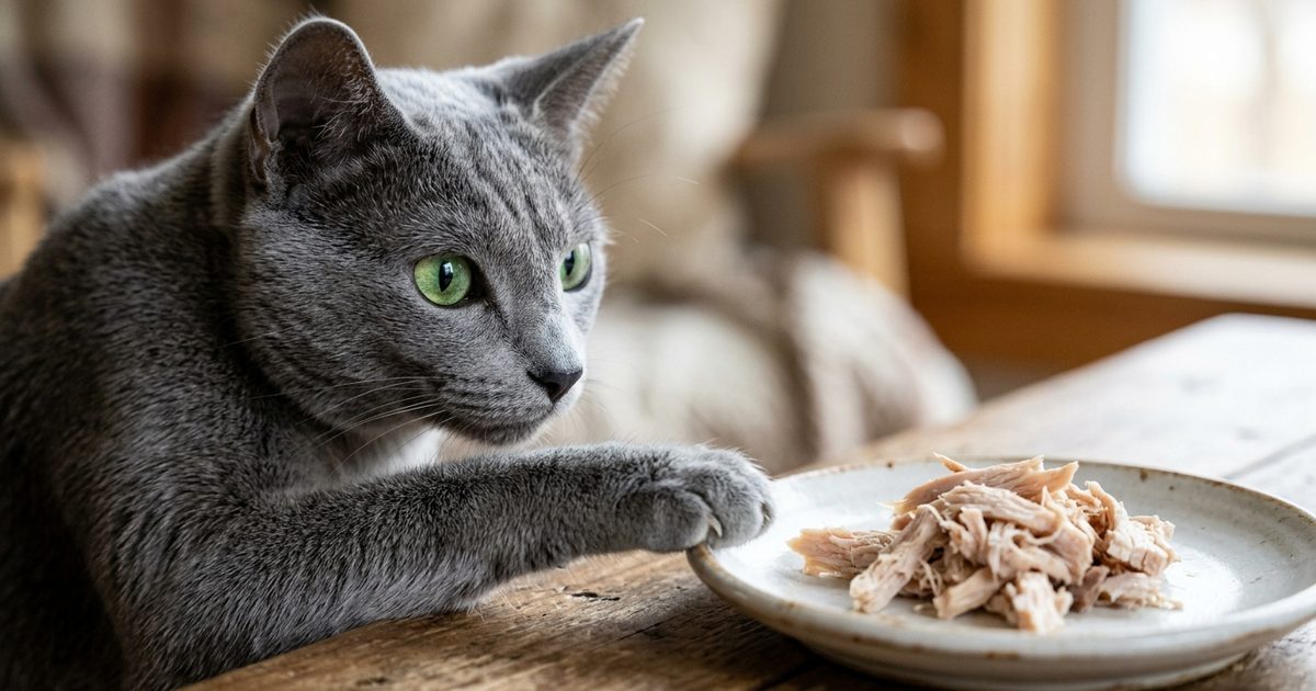 A Russian Blue cat with dense silvery-blue fur and vivid green eyes, one paw reaching toward a small measured portion of shredded plain cooked turkey on a ceramic saucer, alert and focused, macro close-up photograph