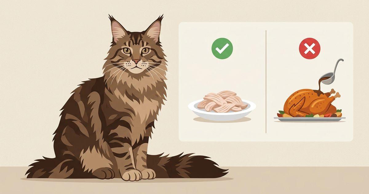 A large Maine Coon cat with fluffy fur and tufted ears beside a split infographic: plain shredded turkey with a checkmark versus roasted turkey with skin and gravy marked with a cross, flat vector style