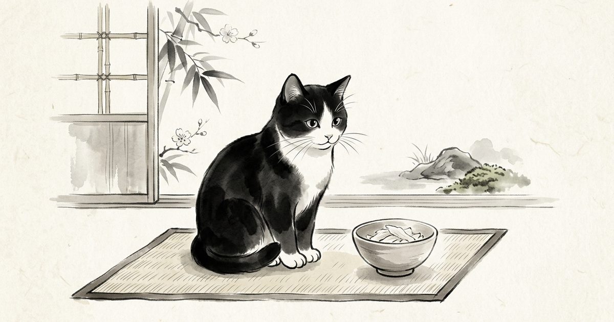 A tuxedo cat with a black coat and white chest, paws, and whiskers beside a simple small bowl of plain cooked turkey, calm balanced ink-wash composition with breathing space, Japanese sumi-e ink wash style