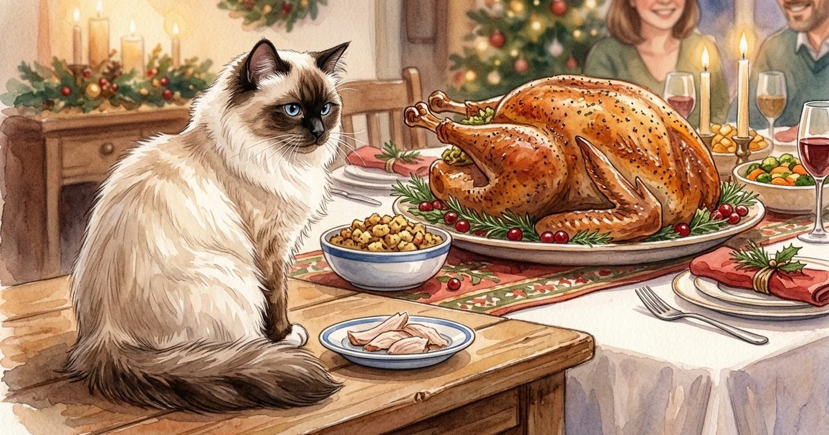 A Ragdoll cat with cream body, dark brown colorpoint face and paws, blue eyes on a holiday table, turning from a roasted turkey toward a small dish of plain cooked turkey, soft watercolor storybook style