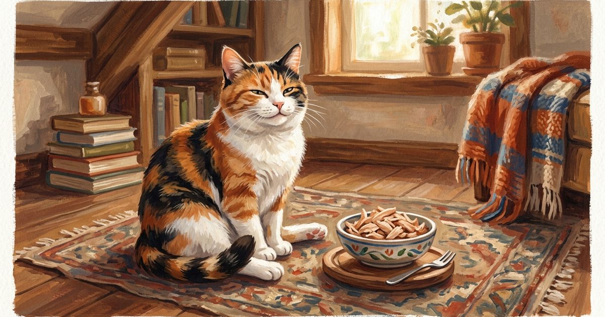 A calico cat with distinct patches of orange, black, and white fur sitting content beside a small dish of plain cooked shredded turkey, warm satisfied mood, cozy gouache painting style