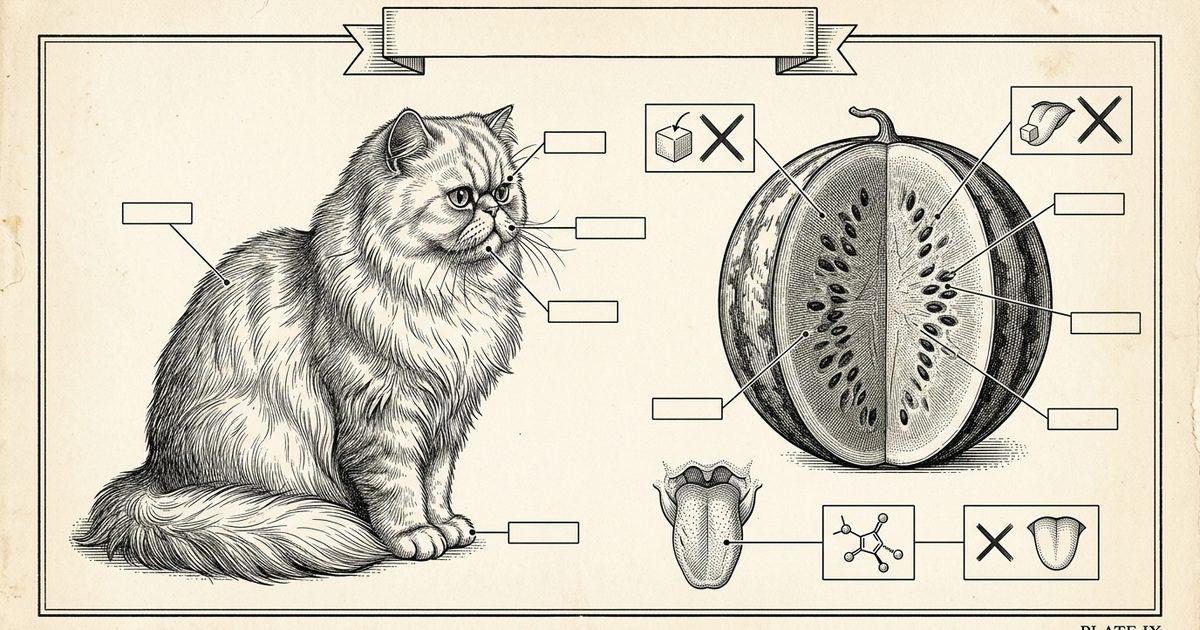 A Persian cat with long silver fur and a flat round face beside a drawn watermelon specimen and a diagram of a cat's tongue with the sweet receptor crossed out, botanical-plate engraving
