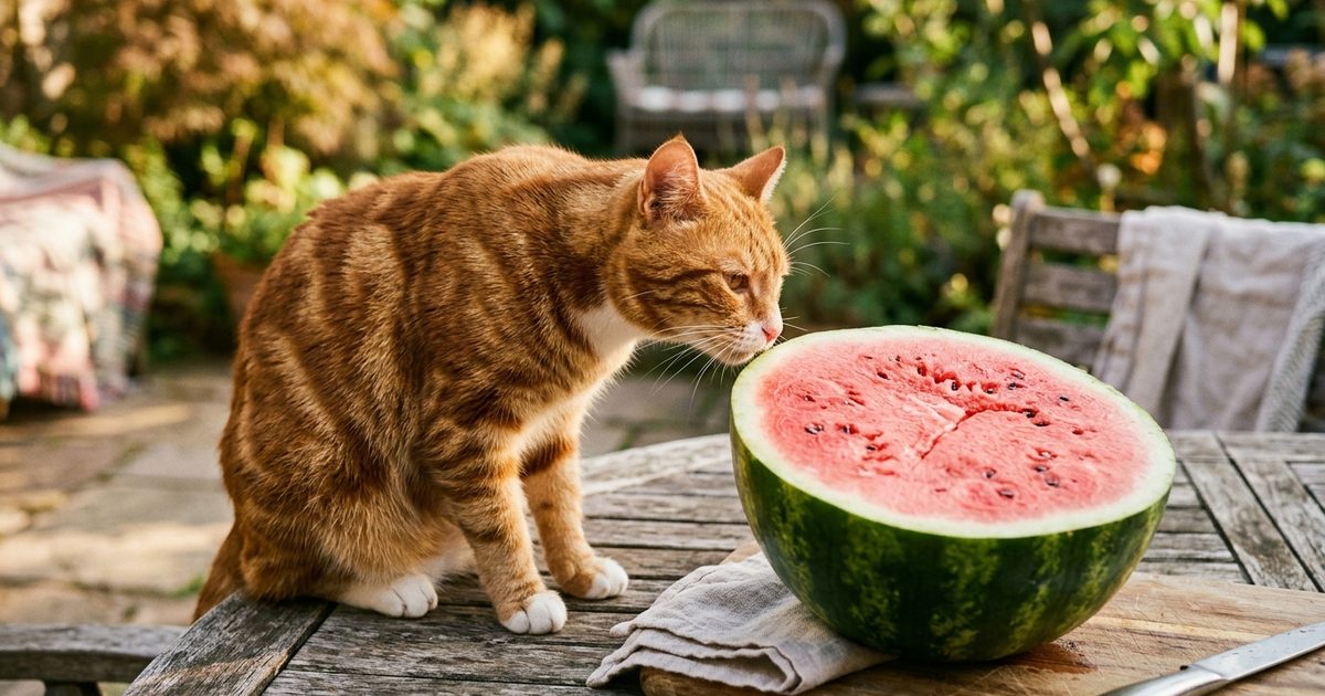 A ginger orange tabby cat with classic mackerel stripe markings sniffing a ripe halved red watermelon on a summer kitchen table, relaxed and curious in warm afternoon sunlight