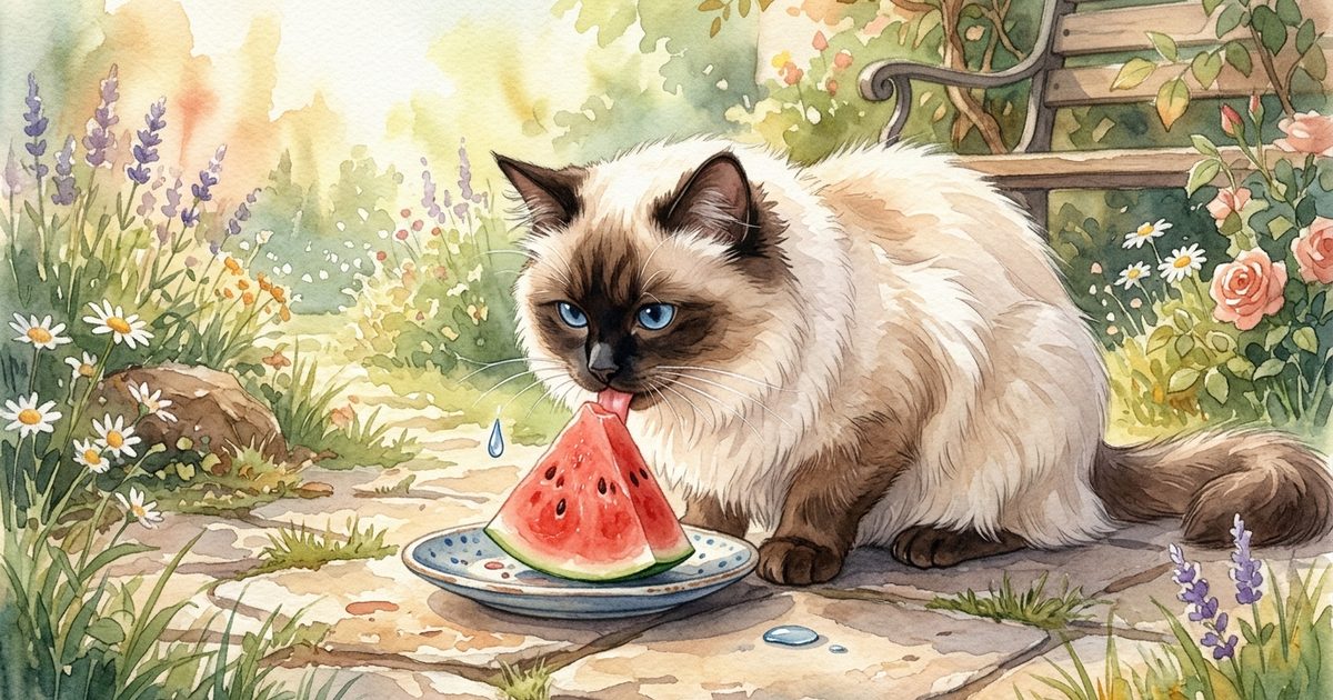 A Ragdoll cat with silky cream fur, dark colorpoint face and blue eyes licking a small chilled piece of red watermelon on a hot day, a water droplet nearby, gentle thirsty watercolor storybook style
