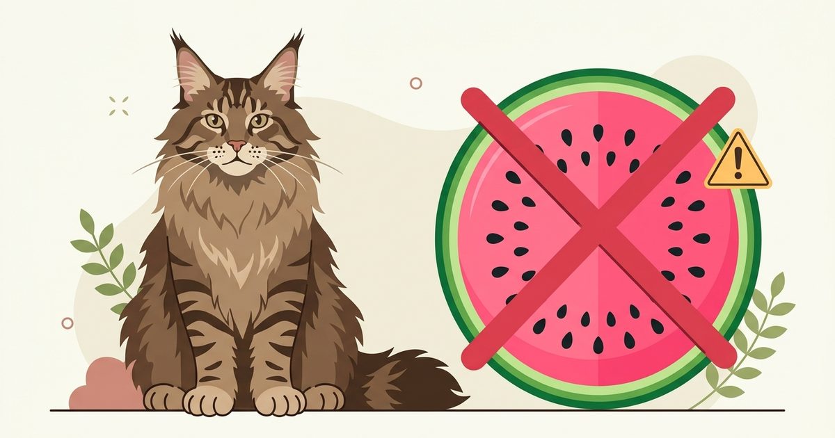 A large Maine Coon cat with long fluffy brown tabby fur beside a stylized watermelon cross-section with black seeds and green rind crossed out as hazards, clean flat vector infographic with caution icons