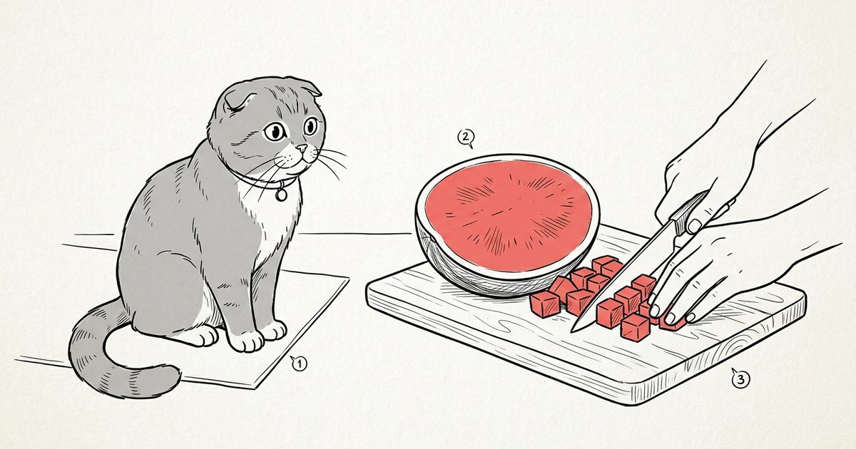 A Scottish Fold cat with distinctive folded-forward ears and a round gray face watching a hand cut seedless red watermelon into small cubes on a wooden board, minimalist ink line-art sketch