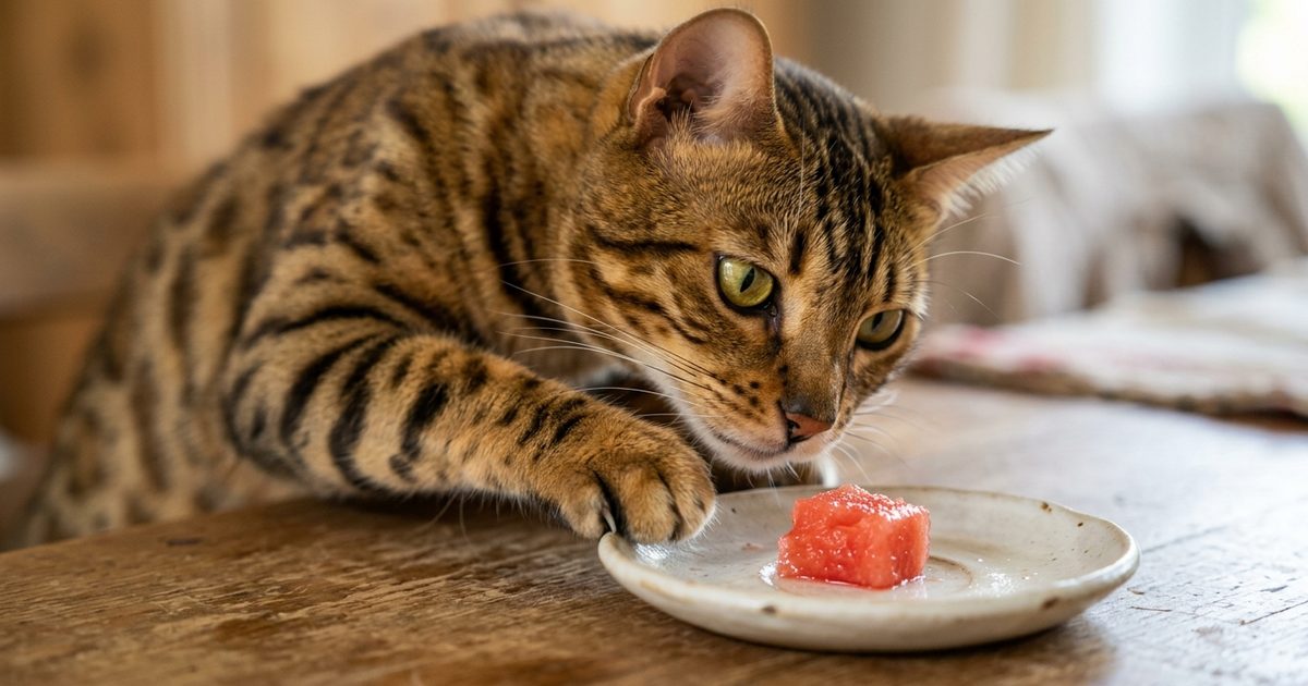 A Bengal cat with a wild spotted golden-brown coat, a paw reaching toward a small piece of red seedless watermelon flesh on a saucer, alert and focused, macro close-up