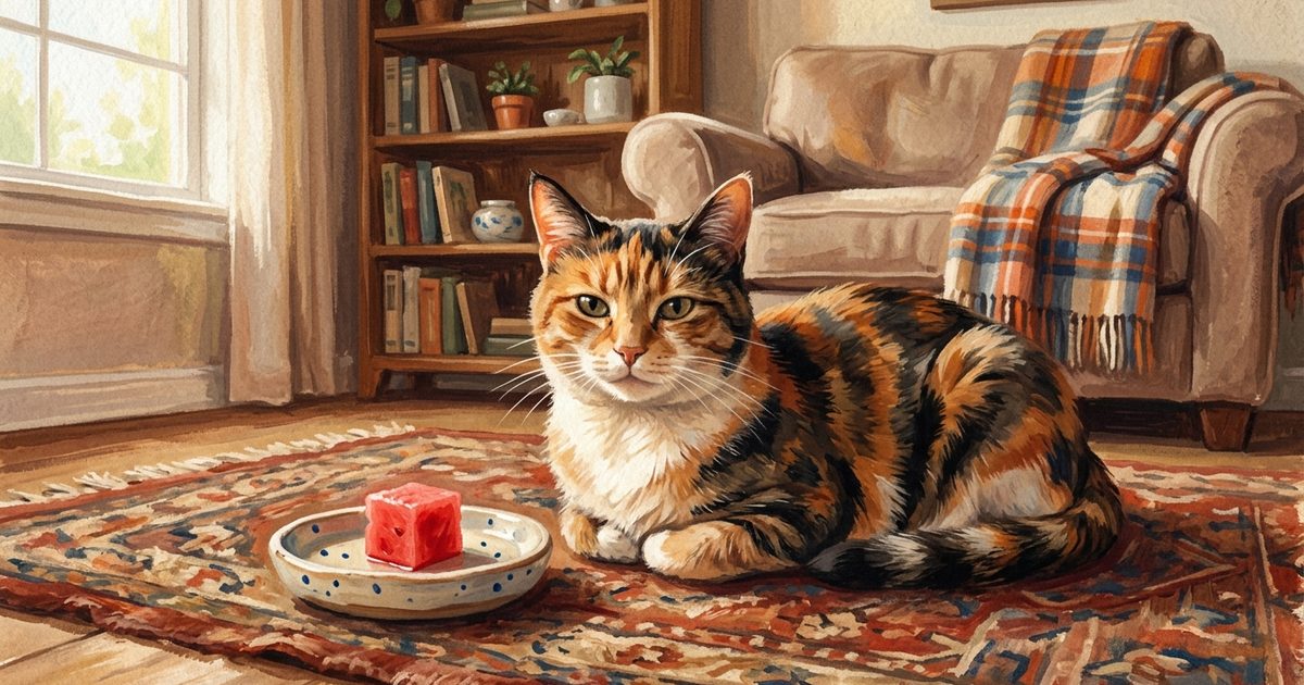 A calico cat with orange, black and white patches sitting beside a small ceramic dish holding a single cube of red seedless watermelon, content and relaxed in a cozy gouache scene