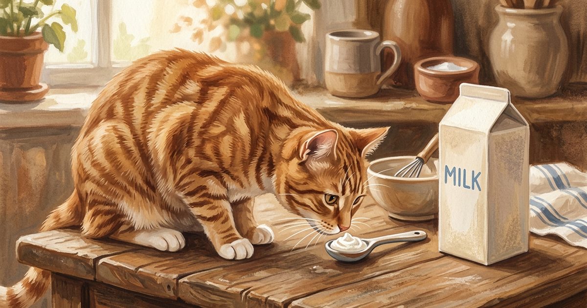 A ginger orange tabby with classic mackerel stripes and a cream belly sniffing a small spoonful of white yogurt placed beside a plain milk carton, gentle warm comparison scene
