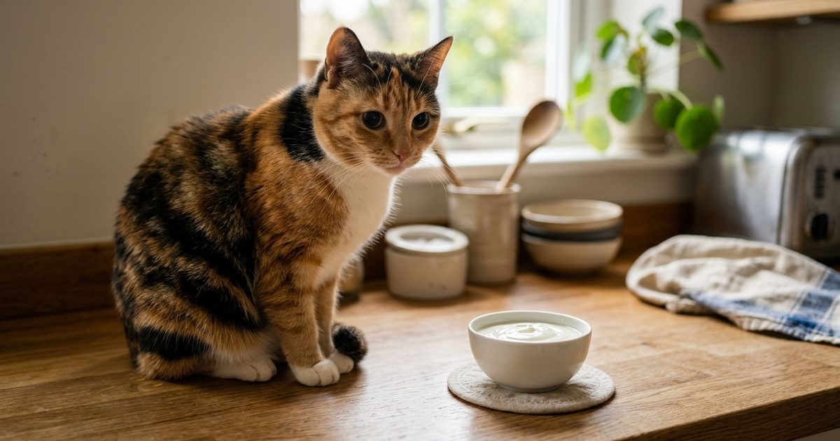 A calico cat with distinct patches of orange, black and white fur watching a small bowl of plain white yogurt on a clean kitchen counter, calm round pupils and a curious relaxed posture