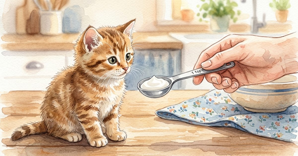 A small fluffy kitten with warm tabby markings looking curiously at a single metal measuring spoon holding one teaspoon of plain white yogurt, tender gentle portion scene, soft watercolor children's-storybook tone