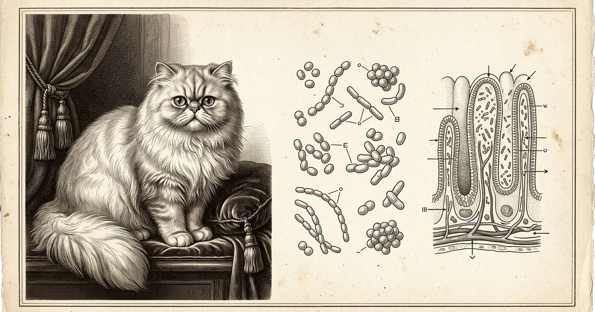 A Persian cat with long silver fur and a flat round face posed beside a vintage-style scientific engraving of microscopic yogurt cultures and an annotated intestinal tract diagram