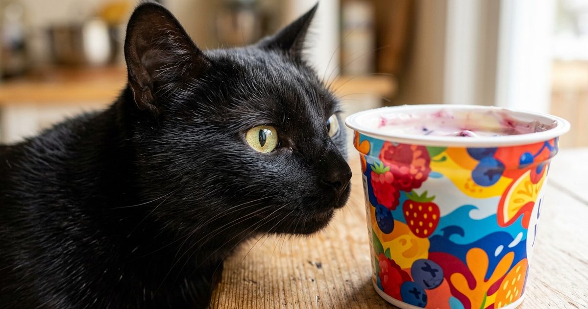 A solid black cat with sleek fur and large golden-green eyes, face close to a flavored yogurt cup with a bright label, alert and wary expression with slightly wide pupils conveying caution