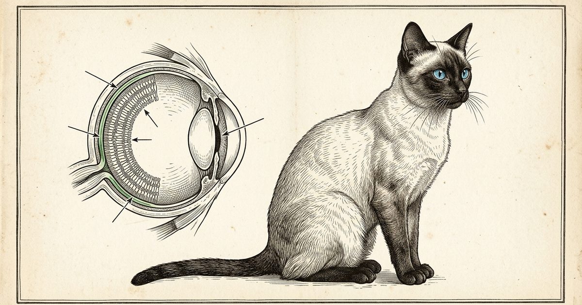 An annotated vintage botanical-plate engraving of a Siamese cat eye cross-section showing the tapetum lucidum, rod cells, and vertical slit pupil with delicate callout markers