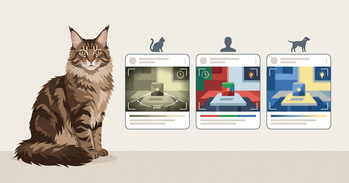 A flat modern vector illustration of a Maine Coon beside labeled panels contrasting cat, human, and dog vision silhouettes, editorial and informative with tufted ears
