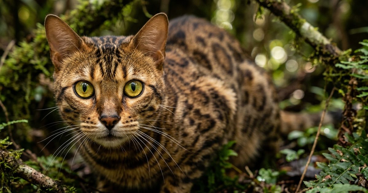 A macro close-up photograph of a Bengal cat face with alert wide-round pupils and vivid golden-green eyeshine, focused hunting intensity, spotted rosetted coat