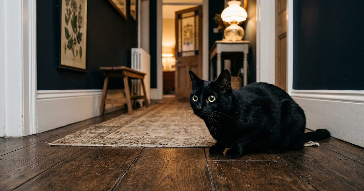 A sleek solid black cat with large golden-green eyes alert in a dim hallway, pupils wide open and focused, calm hunting posture