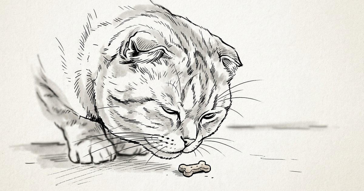 A minimalist ink line-art sketch of a Scottish Fold with folded ears squinting curiously down at a small treat right under its nose, close-up blur concept, sparse clean lines