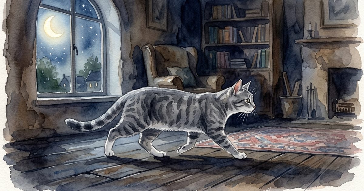 A soft watercolor illustration of a gray tabby cat moving as a calm silhouette through a dim moonlit room, motion-focused hunter with white paws