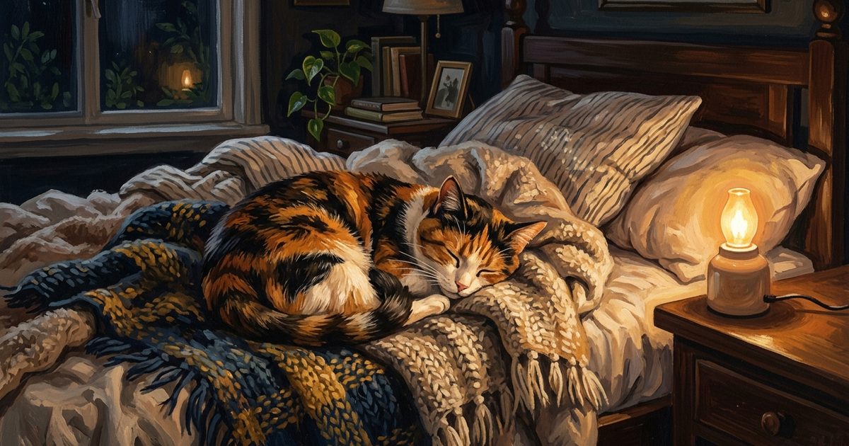 A cozy gouache painting of a calico cat with patches of orange, black, and white, settled comfortably on a bed in a dim room beside a small warm nightlight, relaxed and at home