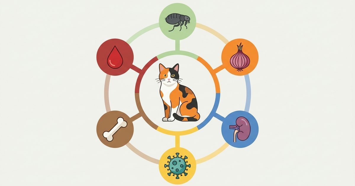 A calico cat with orange, black and white patches at the center of a clean flat-vector radial diagram with six icons around it, representing blood loss, red cell destruction, and low production