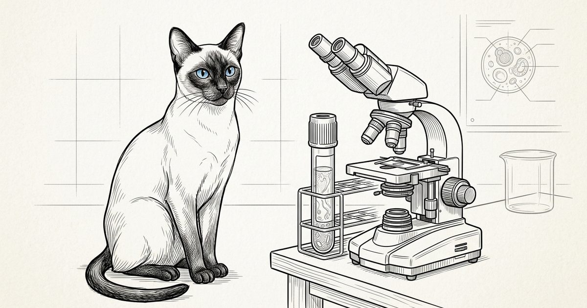 A Siamese cat with cream body, dark seal-brown points and bright blue almond eyes seated beside a stylized blood-test-tube and microscope rendered in clean minimalist ink line-art