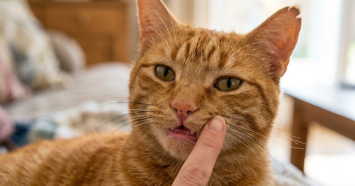A ginger orange tabby with mackerel stripes, macro close-up as a finger gently lifts the upper lip to reveal healthy pink gums, calm and cooperative