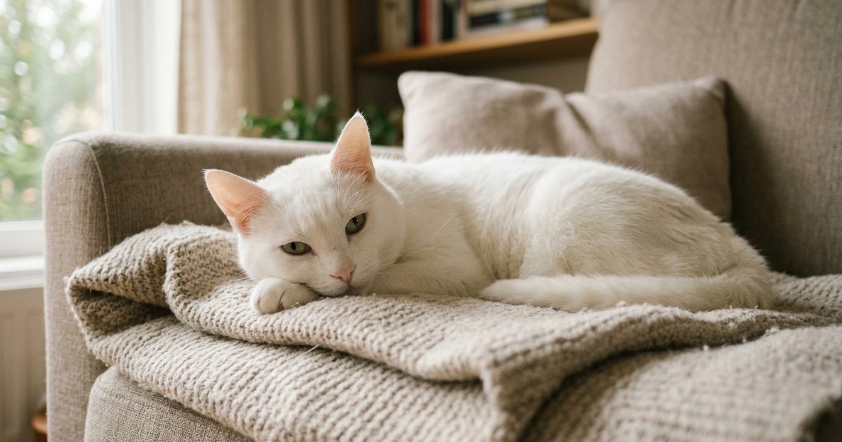 A solid white short-furred cat with pale green eyes resting quietly with head on paws, subdued and gentle, conveying tender low-energy weakness