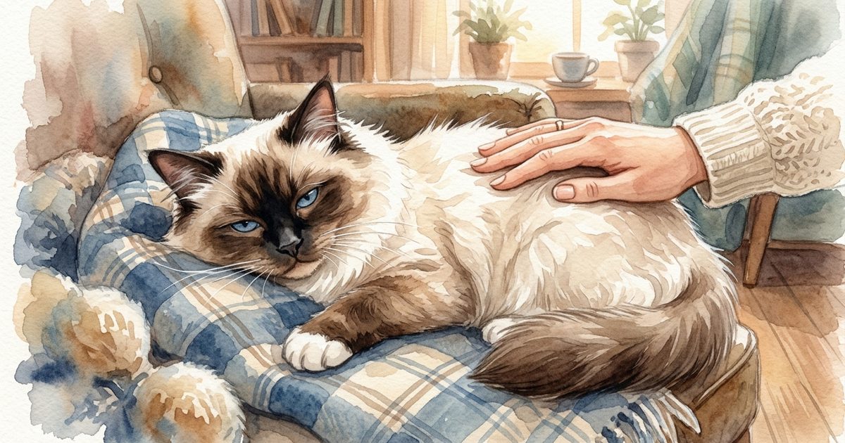 A Ragdoll cat with cream body, dark brown colorpoint face and paws, striking blue eyes, lying down looking tired and subdued, a caring owner's hand resting gently nearby, soft watercolor storybook scene