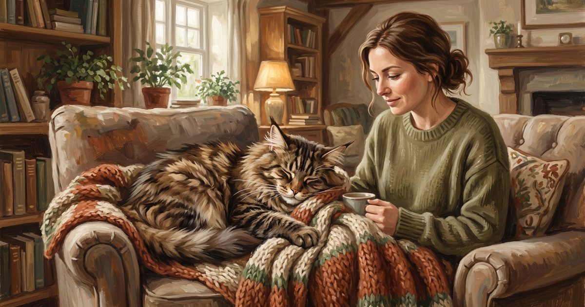 A large Maine Coon cat with long fluffy brown tabby fur, tufted ears and paws, resting comfortably wrapped in a soft blanket with a caring owner sitting close by, cozy gouache painting of gentle recovery