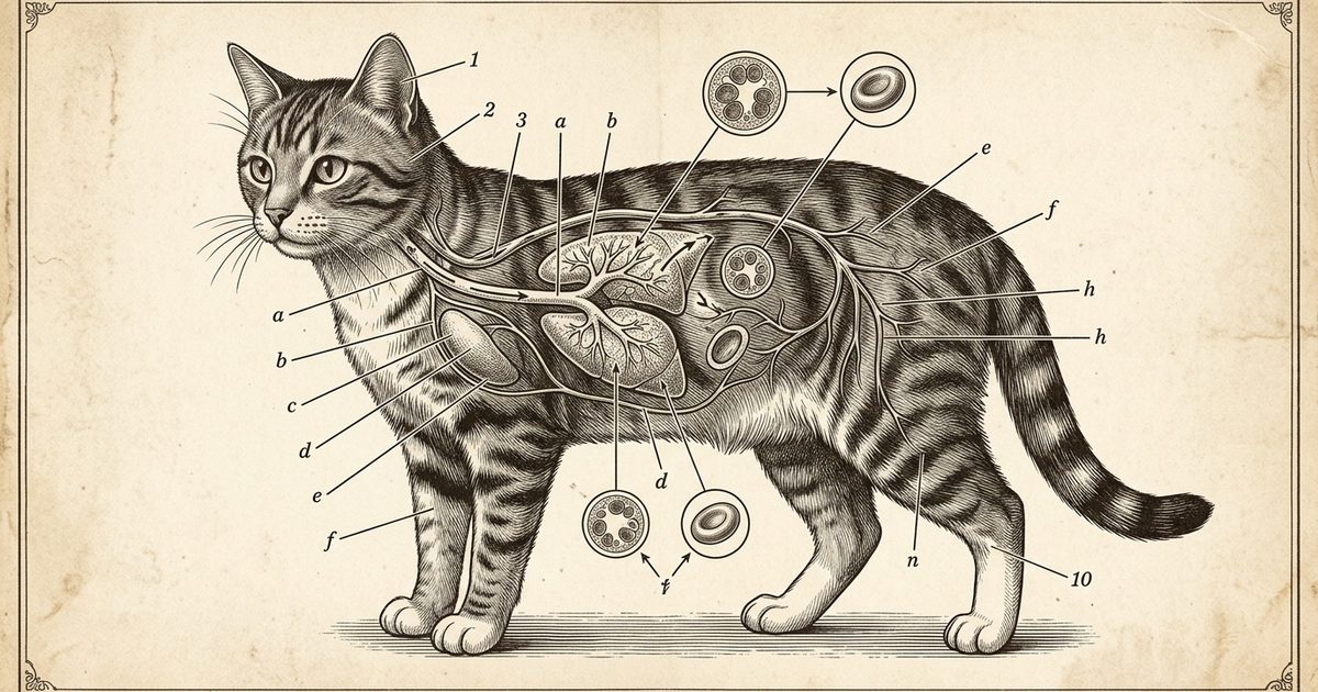 A gray tabby cat with charcoal stripes and white paws rendered as a vintage anatomical encyclopedia engraving with labeled callout markers to red blood cells, the lungs, and oxygen transport
