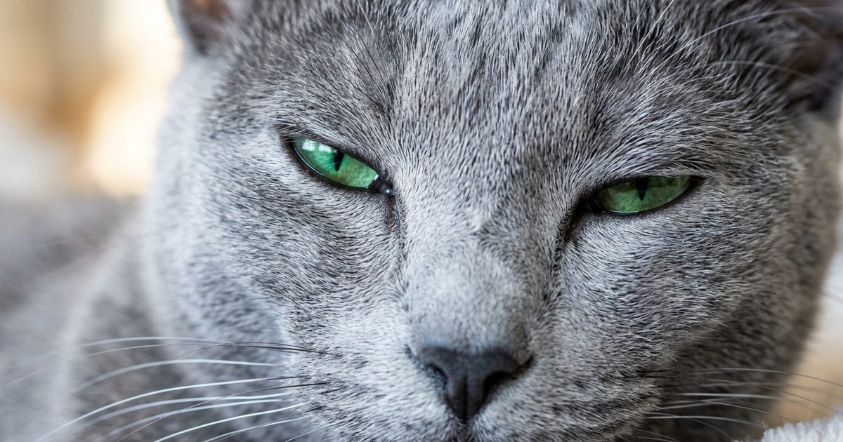 A Russian Blue cat with vivid green eyes half-closed in a slow soft blink, eyelids relaxed and almond-shaped, trusting and peaceful expression