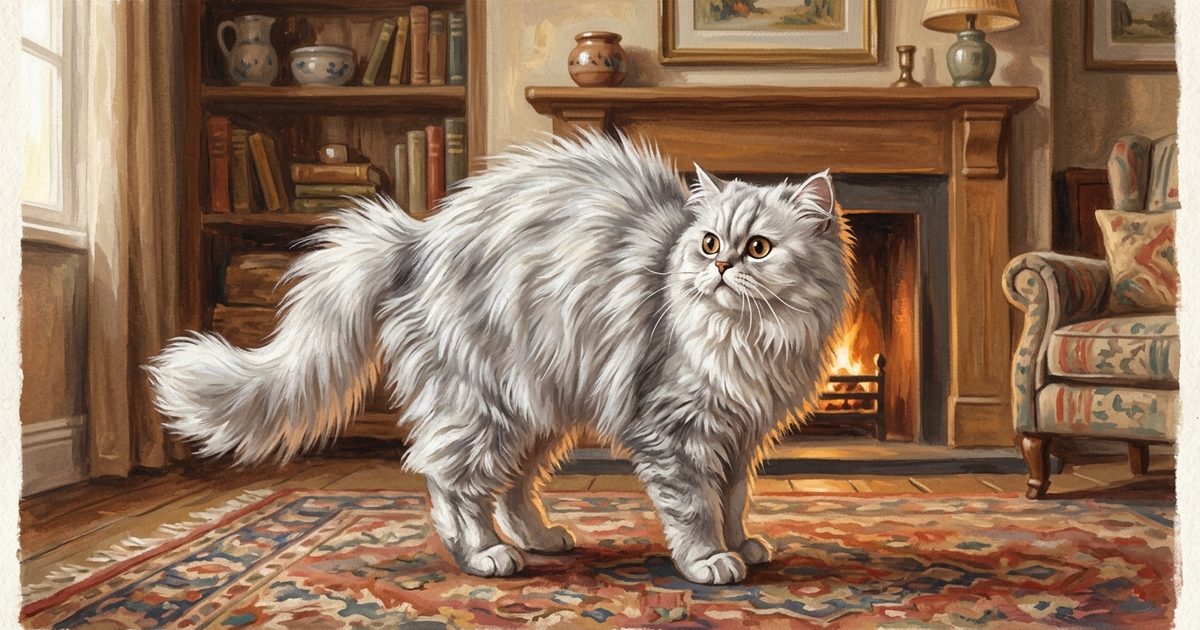 A Persian cat with long silver-white fur and a flat round face, the fur along its back slightly raised and standing up, mildly startled and alert, painterly warmth