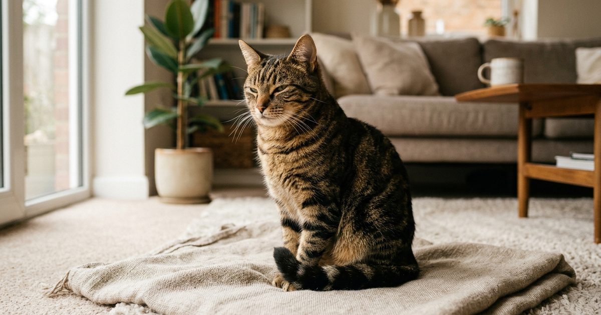 A brown tabby cat sitting alert and relaxed, ears forward, eyes soft, tail curled around its paws, clearly content and confident