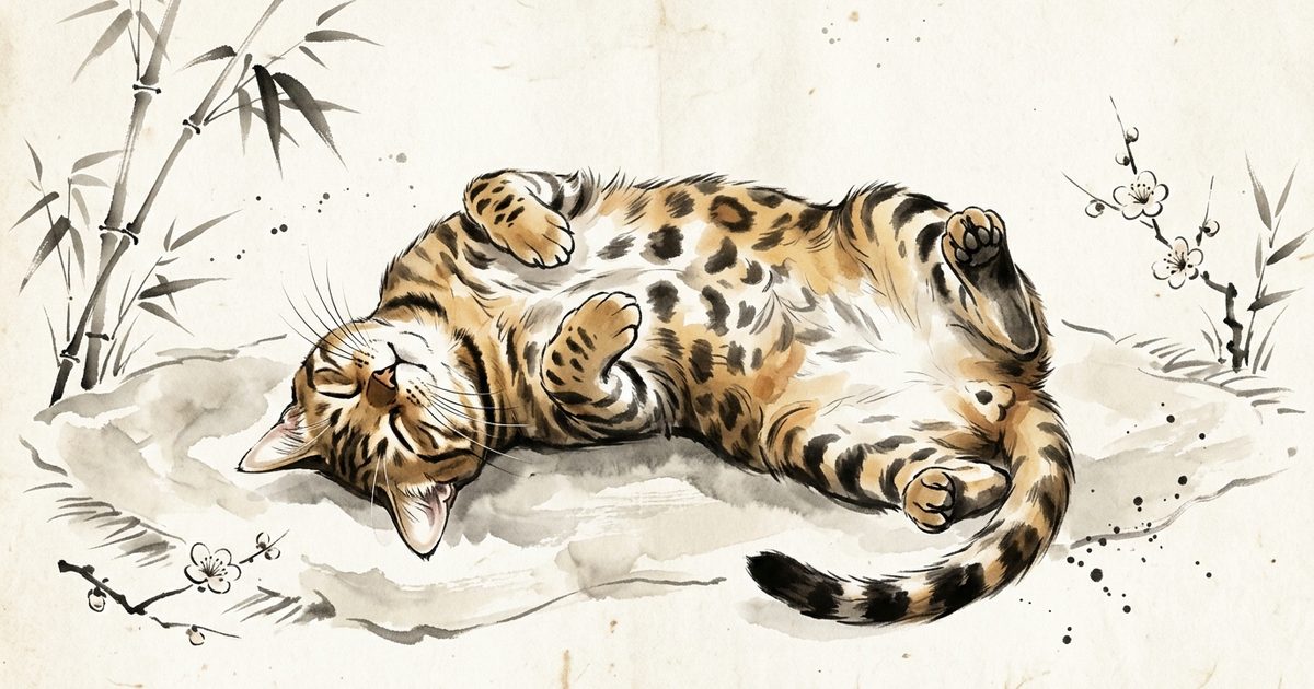 A Bengal cat with a wild-looking spotted golden-brown coat shown belly-up and relaxed in elegant Japanese sumi-e ink wash brushstrokes, illustrating the trust-not-belly-rub idea