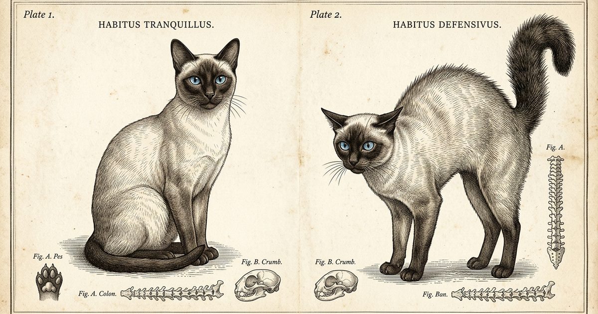 A Siamese cat rendered as a vintage encyclopedia engraving in two annotated side-by-side plates, left showing a relaxed upright posture, right showing an arched-back puffed-tail defensive posture