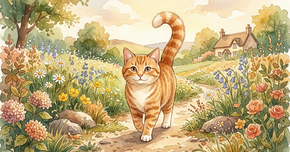 A ginger orange tabby cat walking toward the viewer with its tail held upright and curved into a gentle question-mark tip, warm friendly greeting mood