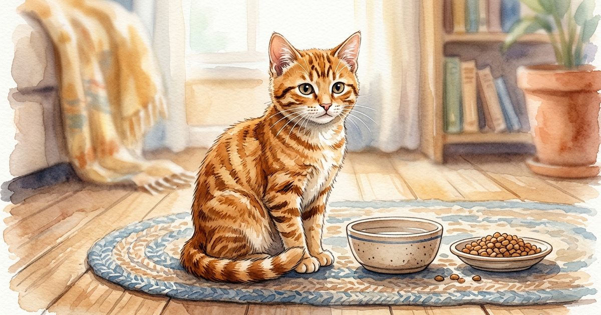 A ginger orange tabby cat with mackerel stripes sitting calmly beside an empty water bowl and a dish of dry kibble, in a soft watercolor children's-storybook illustration with a warm palette suggesting mild dehydration