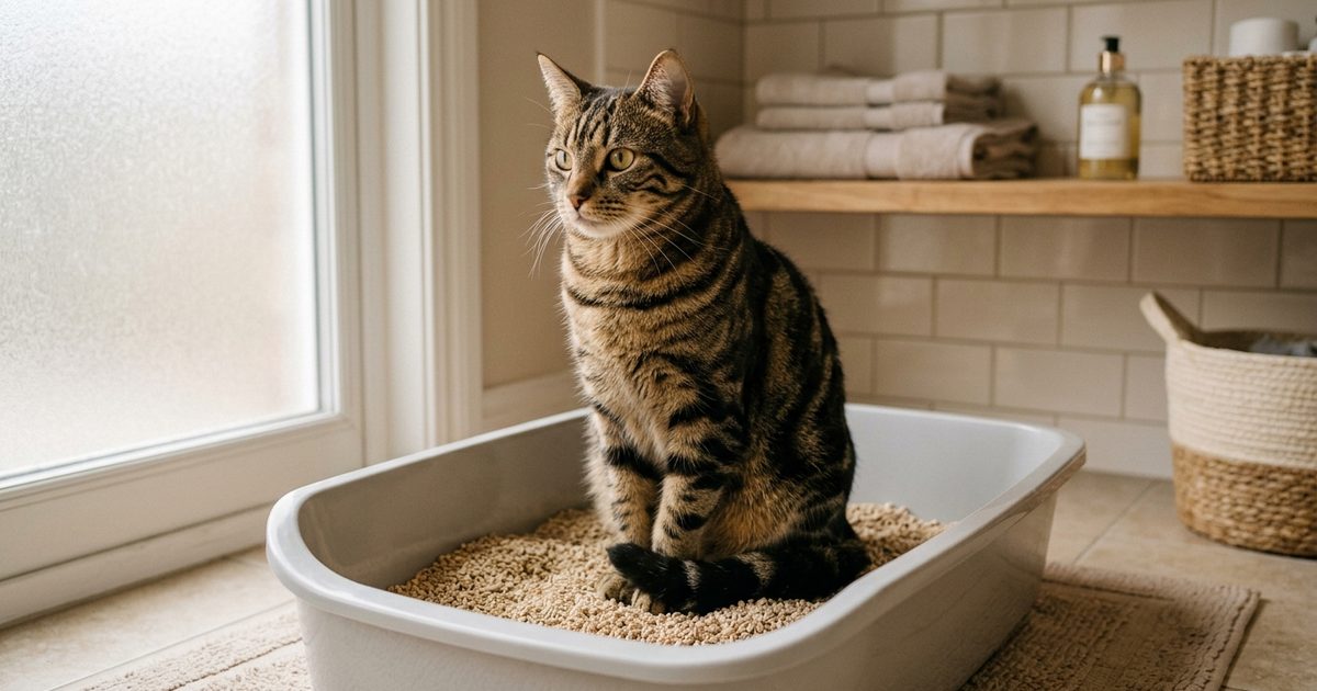 A brown tabby cat with bold black stripes sitting tensely but with dignity inside a clean open litter box in a warm domestic scene