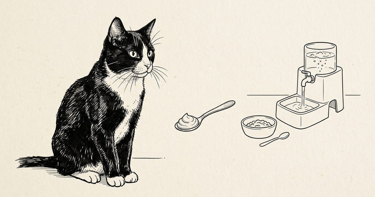 A tuxedo cat with black coat and white chest, paws, and whiskers beside a minimalist line-drawn diagram of a water fountain, a wet food bowl, and a spoon of pumpkin, ink line-art on cream background