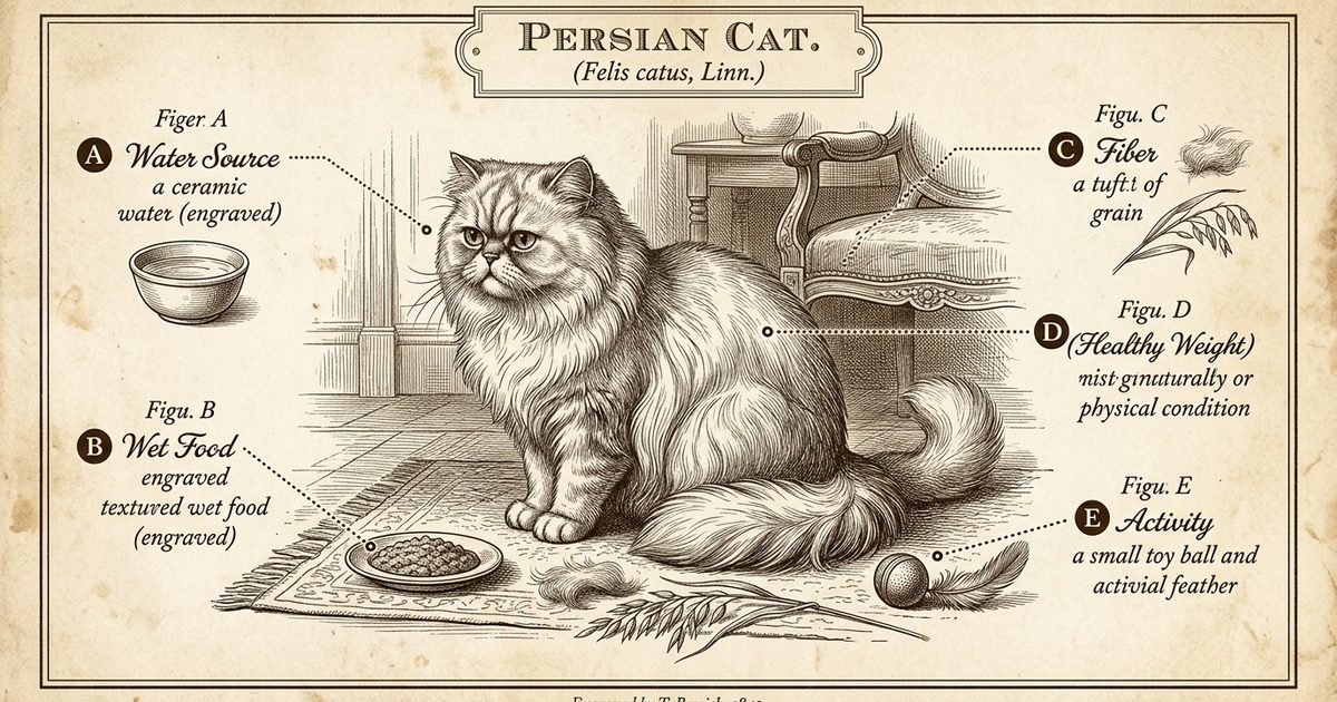 A Persian cat with long silver fur and a flat round face rendered as an annotated scientific engraving with delicate linework and sepia callout markers pointing to hydration, wet food, fiber, weight, and activity