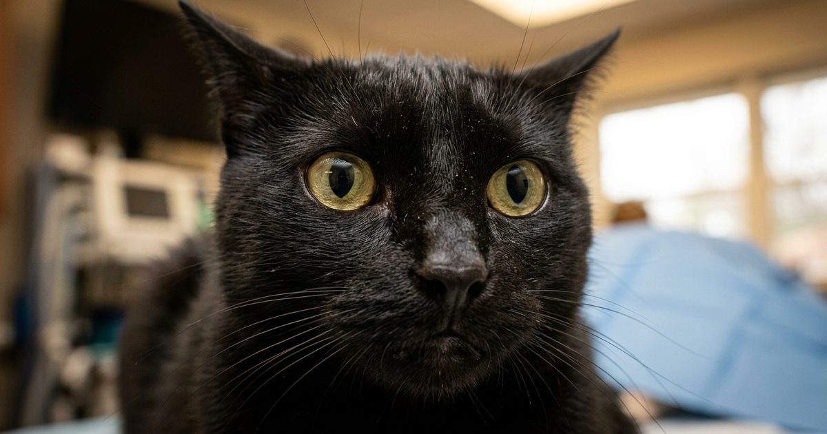 A solid black cat with sleek fur in macro close-up, large golden-green eyes wide and alert with a tense expression signaling discomfort and watchful unease