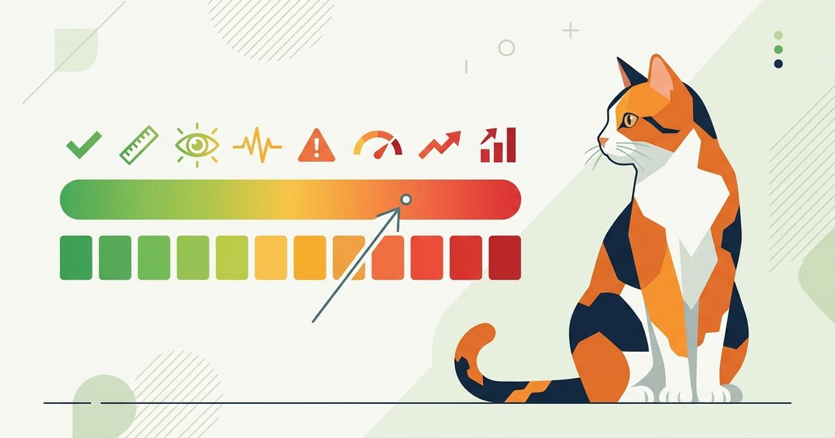 A calico cat with orange, black, and white patches sitting and observing a clean infographic-style spectrum diagram grading from green to red representing mild to concerning severity, flat modern vector illustration