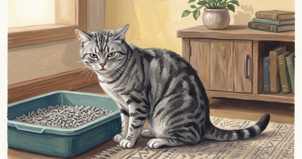 A gray tabby cat with dark charcoal stripes and white paws hunched and alert near the edge of a litter box, looking mildly uncomfortable, cozy gouache painting with painterly warmth