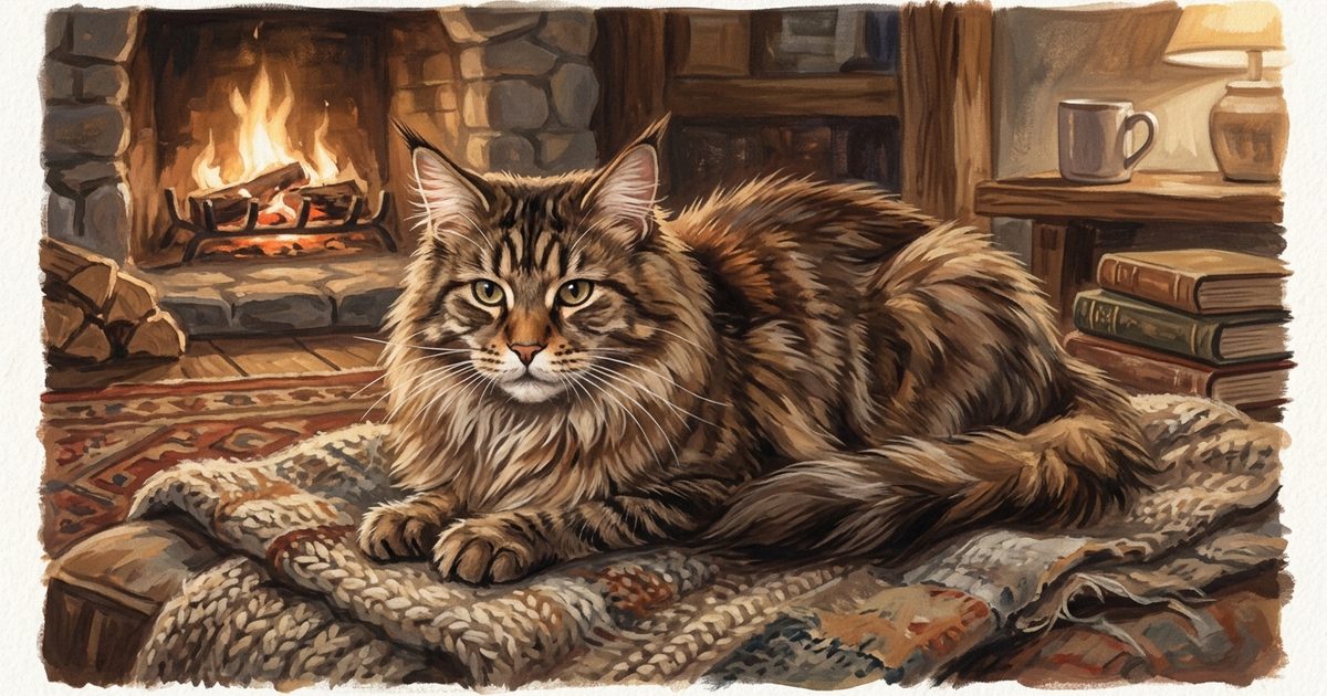 A large Maine Coon with long fluffy brown tabby fur and tufted ears crouched low with neck extended in calm labored breathing, cozy gouache painting